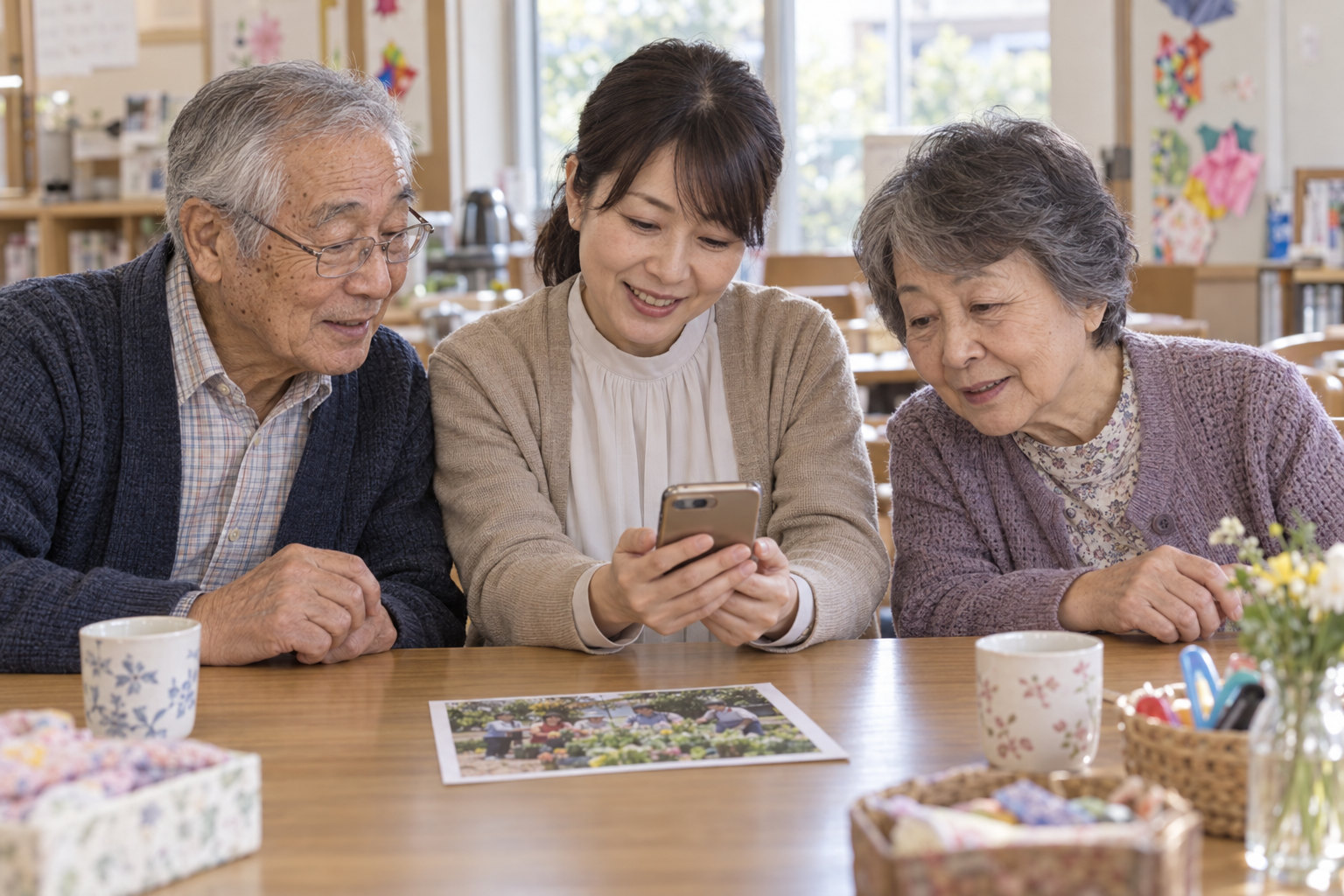 Three adults gather around one phone at a community table with photographs and craft materials