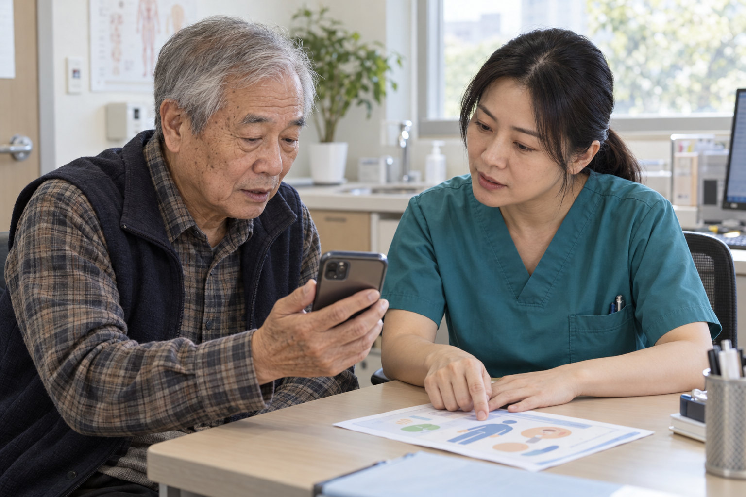 An adult in scrubs points to an illustrative handout beside an older man holding a phone