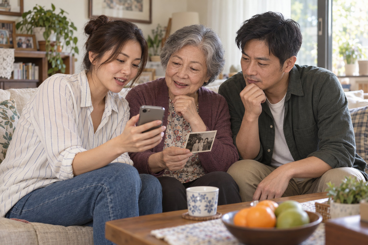 Three adults look at one phone on a sofa, with a printed photograph held between them