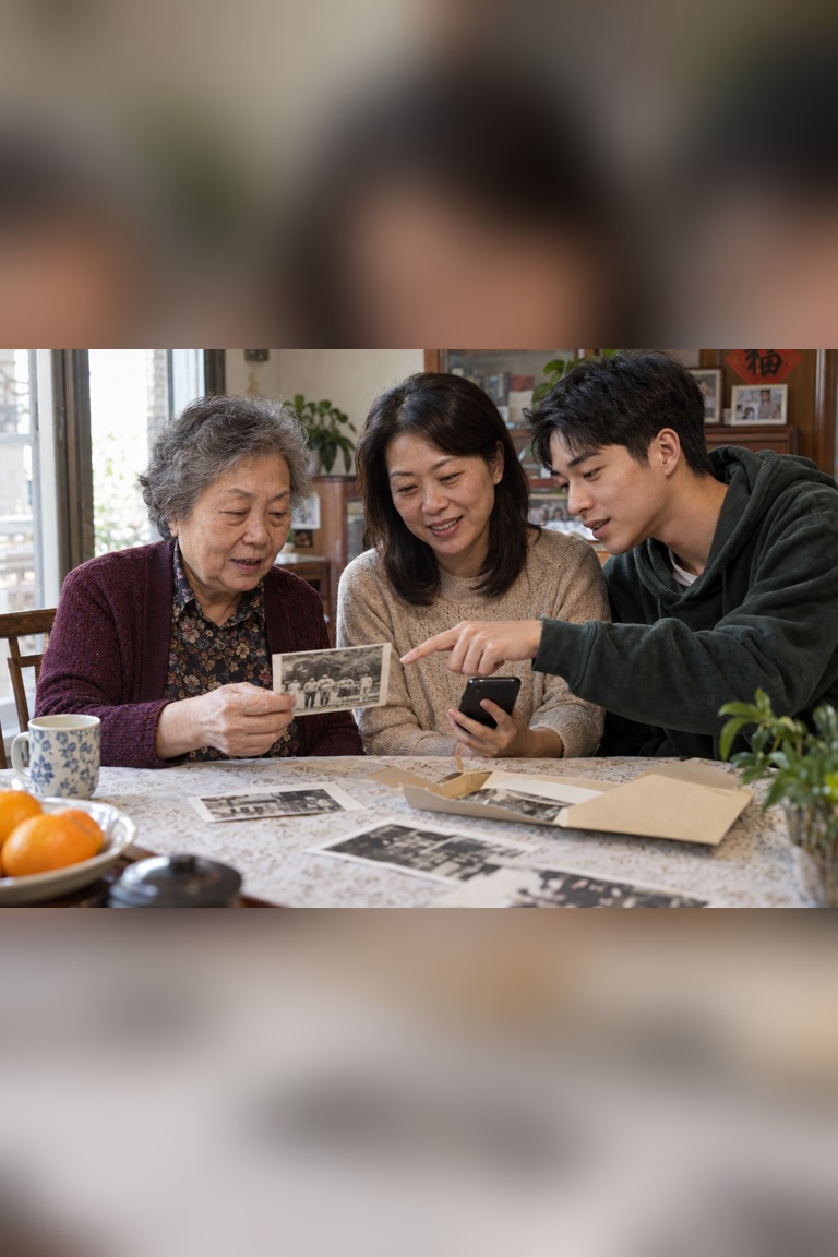 Three people look at printed photographs with a phone at the table