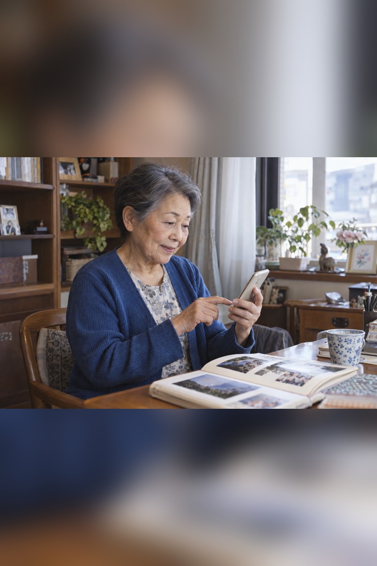An older woman uses a phone beside an open photo album