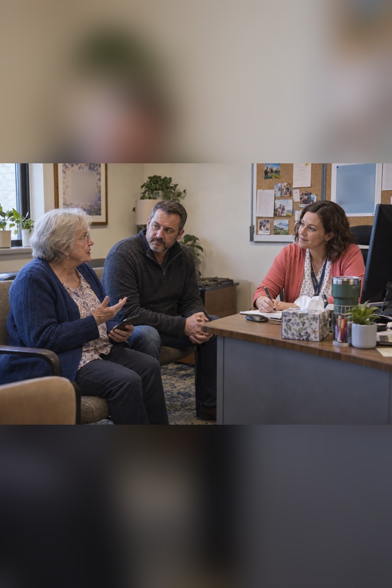 An older woman holds a phone while two adults listen across an office desk